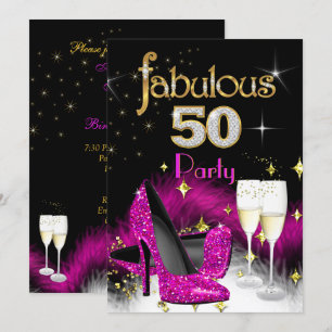 Convites Fabulosa Festa de 50 Anos Brilho Rosa Quente Champ
