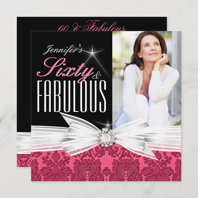 Convites Fabulosa Festa de aniversário 60 Photo Damask 60th (Frente/Verso)