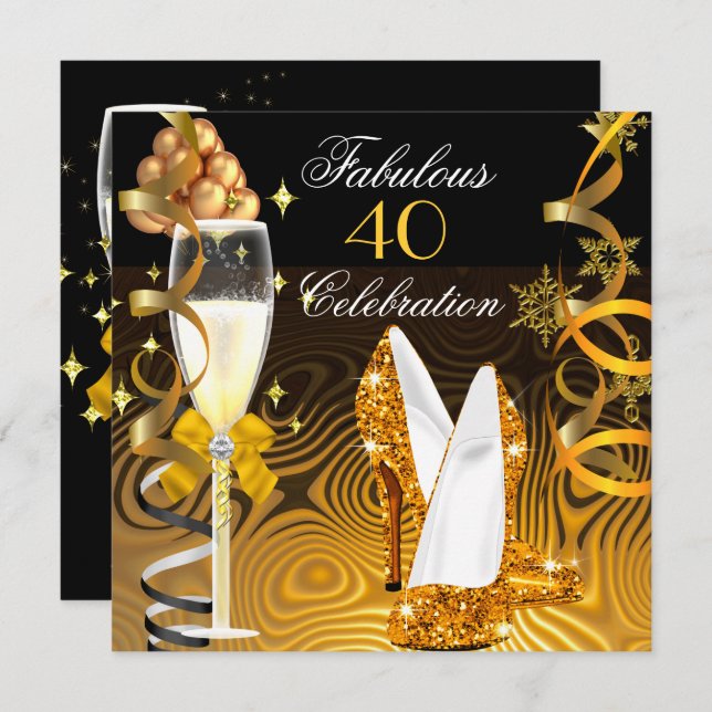 Convites Fabulosa Festa de aniversário amarela Dourada de 4 (Frente/Verso)