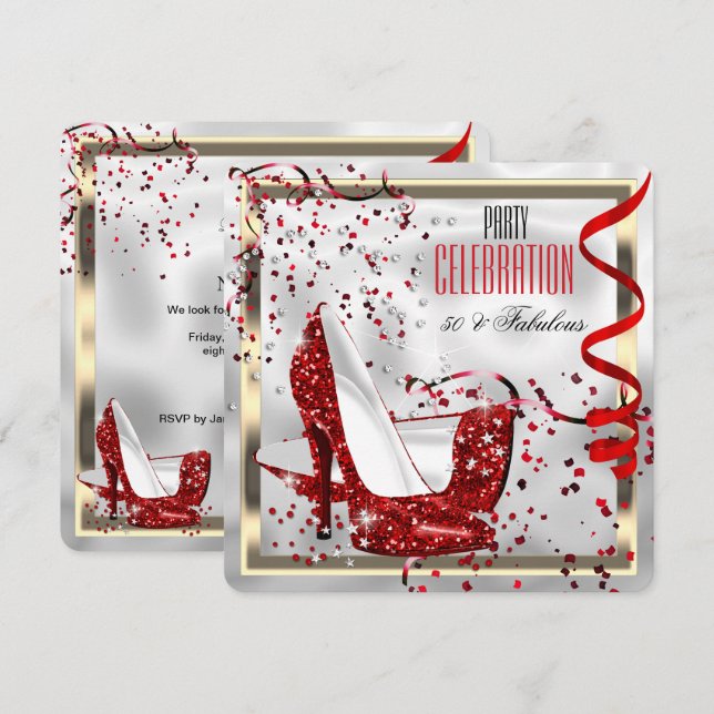 Convites Fabulosa Festa de aniversário Branca Vermelha 50 (Frente/Verso)
