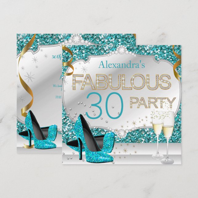 Convites Fabulosa Festa de Aniversário com Brilho Turquesa  (Frente/Verso)