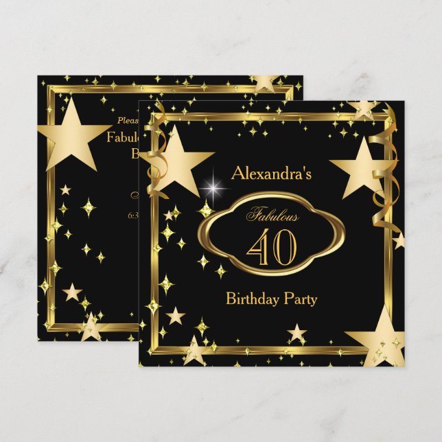 Convites Fabulosa Festa de Aniversário com Estrelas Pretas  (Frente/Verso)
