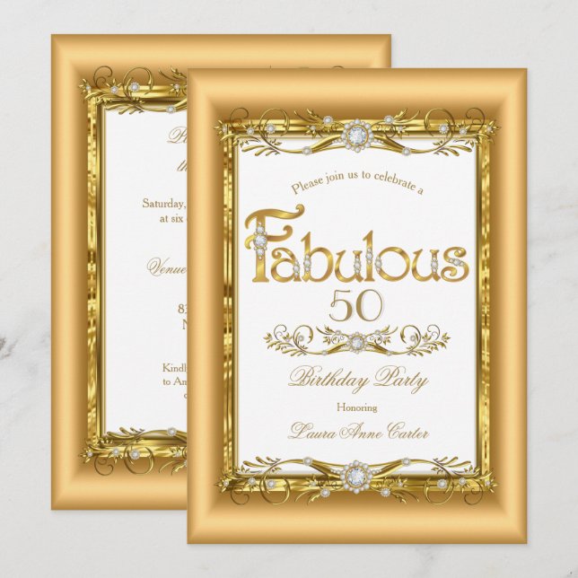 Convites Fabulosa Festa de Aniversário com Ouro Branco e Di (Frente/Verso)