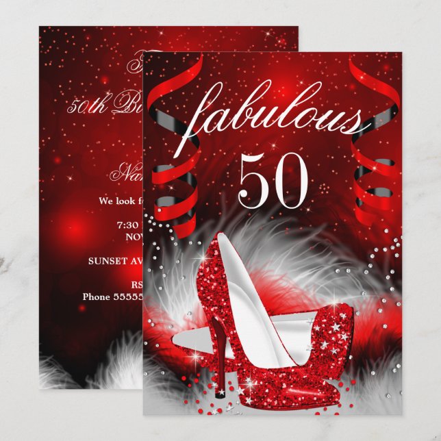Convites Fabulosa Festa de Aniversário de 50 Anos com Salto (Frente/Verso)
