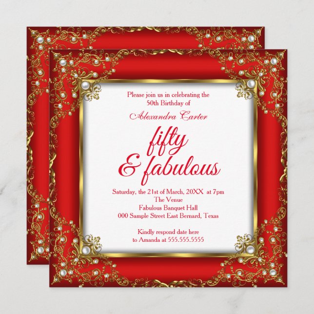 Convites Fabulosa festa de aniversário Dourada de pérolas V (Frente/Verso)