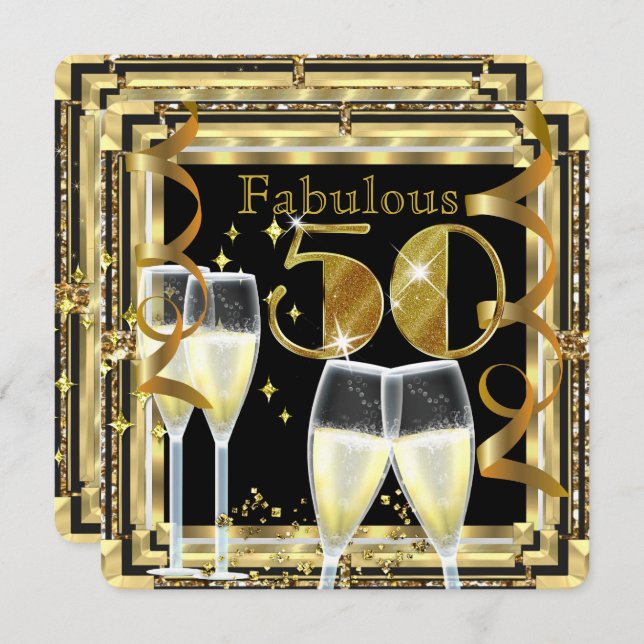 Convites Fabulosa Festa de aniversário Dourada Deco de Cham (Frente/Verso)