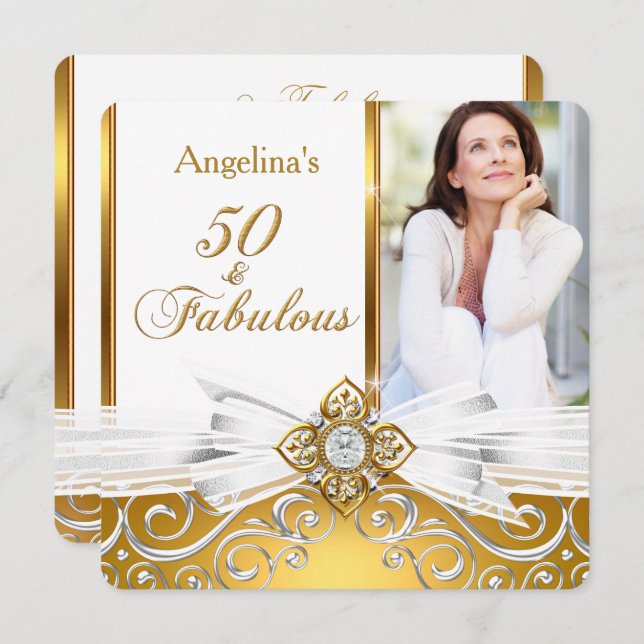 Convites Fabulosa Festa de aniversário Dourada do Damasco b (Frente/Verso)