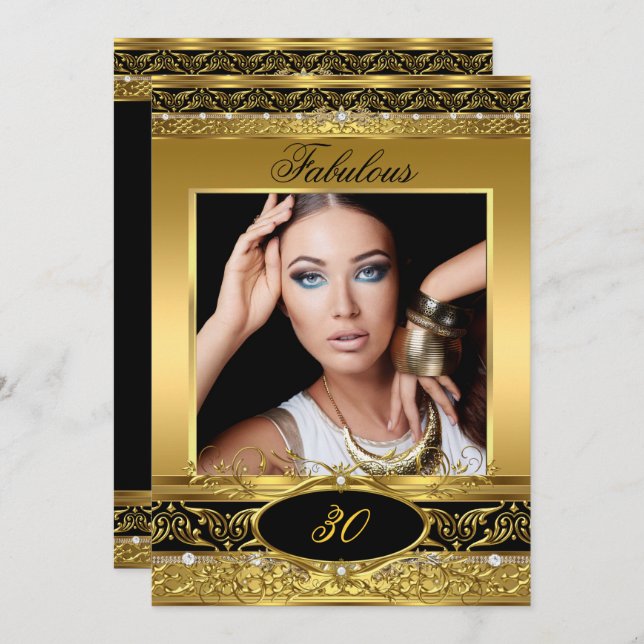 Convites Fabulosa Festa de aniversário Dourada Floral preto (Frente/Verso)
