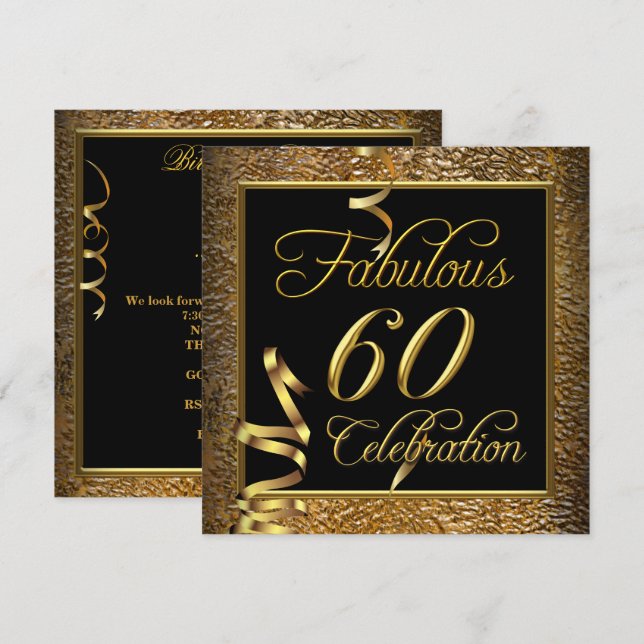 Convites Fabulosa Festa de Aniversário Dourado Preto 60 Cel (Frente/Verso)