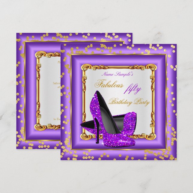Convites Fabulosa Festa de aniversário Roxo Dourado Alto Sa (Frente/Verso)