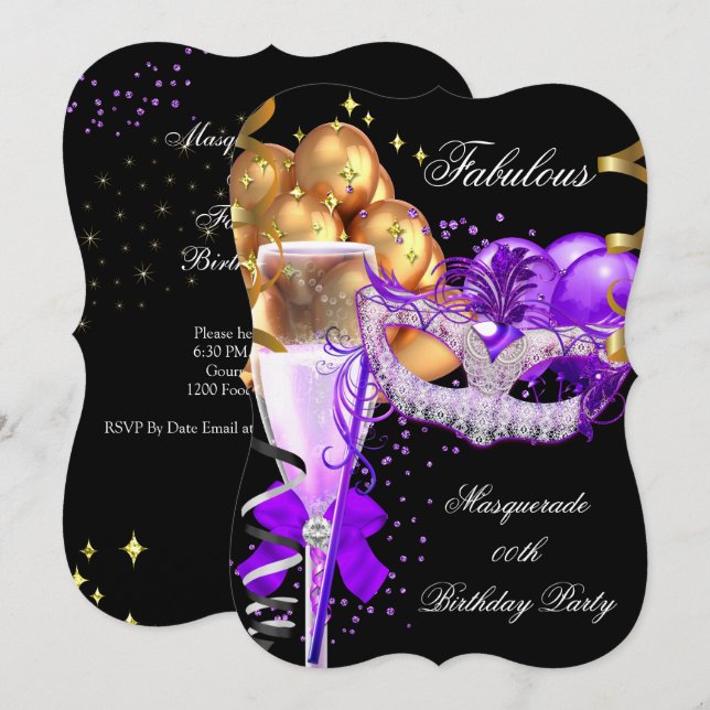 Convites Fabulosa Festa de Máscaras Roxo Dourado e Preto 4 (Frente/Verso)