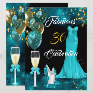 Convites Fabuloso 30 Champagne Festa Salto Azul Teal Dourad