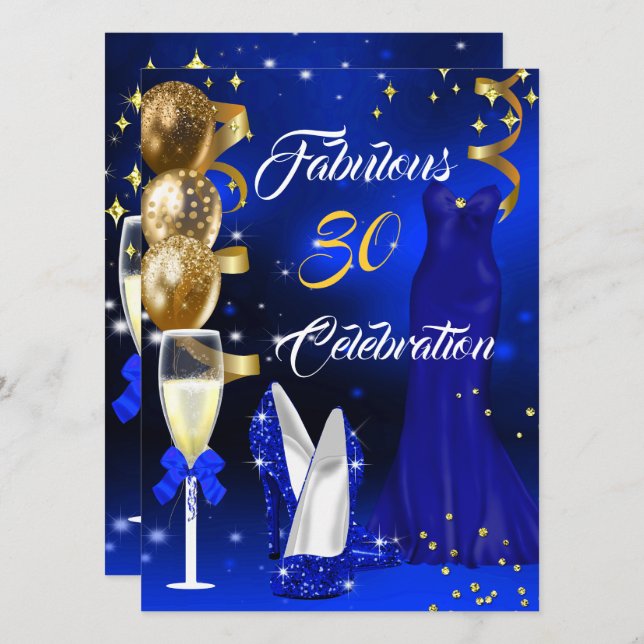 Convites Fabuloso 30 Festa de Champanhe Royal Blue Heels Do (Frente/Verso)