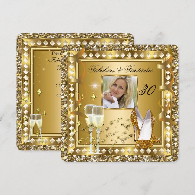 Convites Fabuloso 30 Foto Dourada Glam Hollywood Aniversári (Frente/Verso)