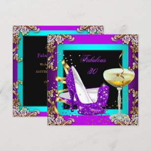 Convites Fabuloso 30 Roxo Azul Turquesa Brilho Dourado Fest