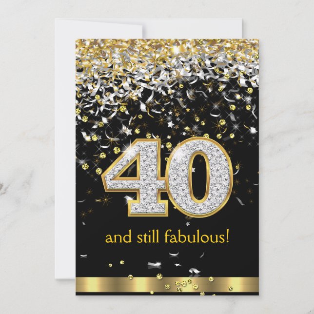 Convites Fabuloso 40 Dourado Prata serpentinas 40º Aniversá (Frente)