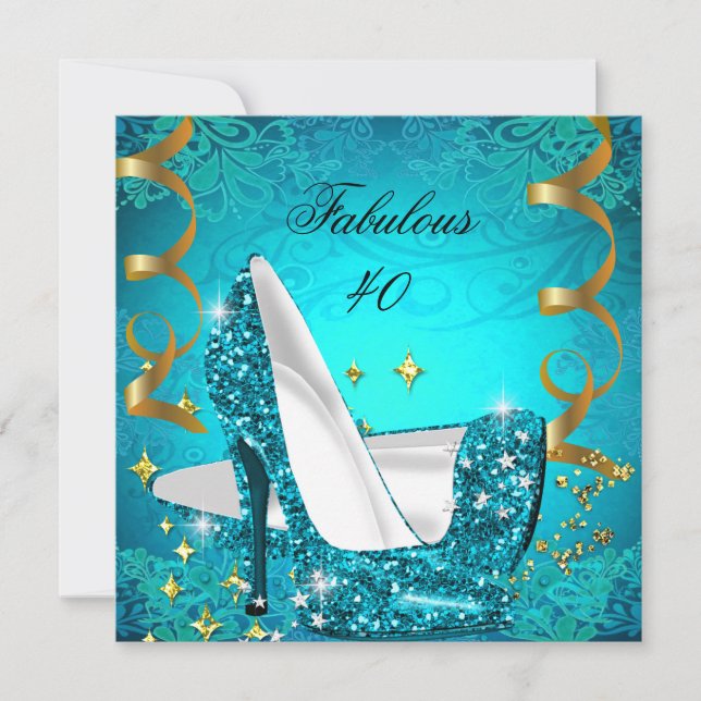 Convites Fabuloso 40 mulheres Teal Dourado Heels Aniversári (Frente)