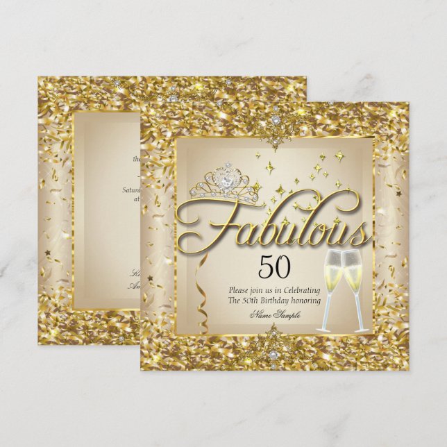 Convites Fabuloso 50º Aniversário com Champanhe Dourado (Frente/Verso)