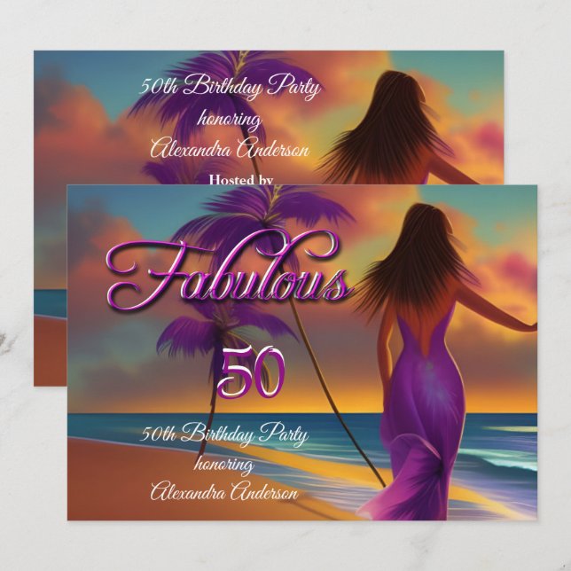 Convites Fabuloso 50º aniversário - Purple Beach Ocean gold (Frente/Verso)