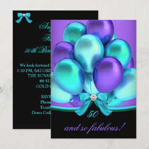 Convites Fabuloso 50º Aniversário Roxo Preto Azul Turquesa 