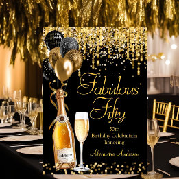 Convites Fabuloso 50º Brilho Dourado Champanhe Preto