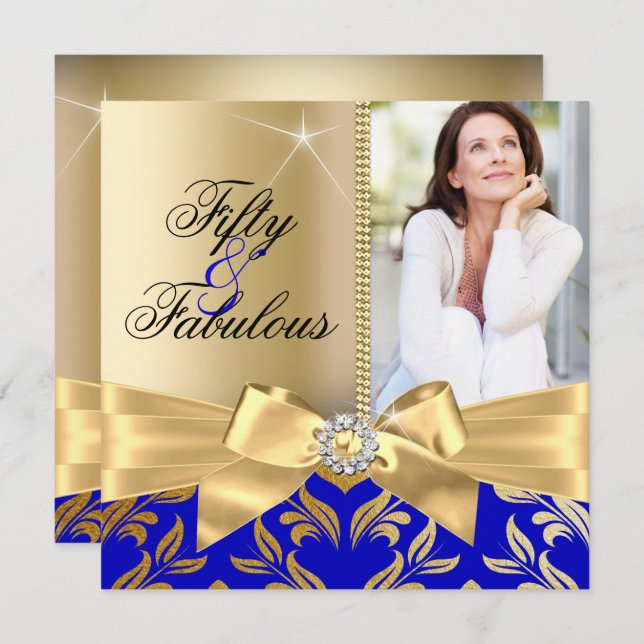 Convites Fabuloso 50º Folha Azul Dourada e Arco 50º Anivers (Frente/Verso)