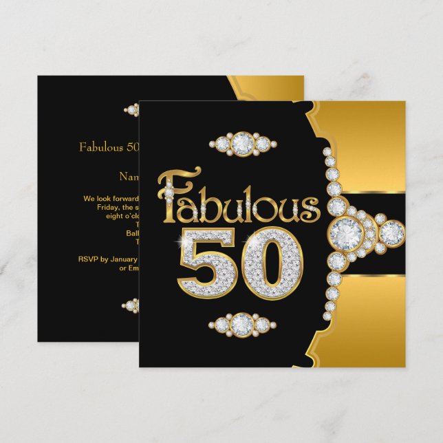 Convites Fabuloso 50 50º aniversário Diamante Negro Dourado (Frente/Verso)