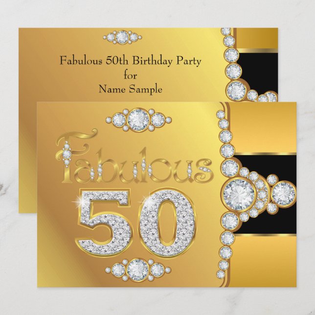 Convites Fabuloso 50 50º aniversário, Dourado Diamante Negr (Frente/Verso)