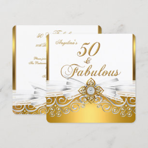 Convites Fabuloso 50 Aniversário em Damasco Branco Dourado