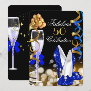Convites Fabuloso 50 Azul Real Preto Dourado Festa de Anive