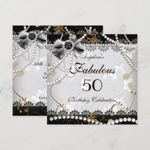 Convites Fabuloso 50 Bege Dourado Preto Cinza Floral Aniver
