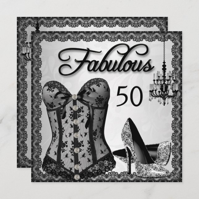 Convites Fabuloso 50 Black Silver Corset High Heels Party (Frente/Verso)