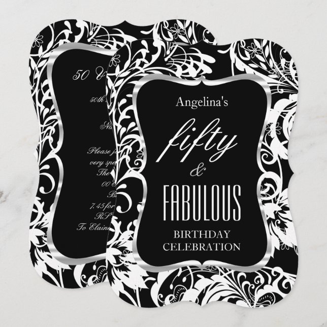 Convites Fabuloso 50 Black White Floral Elegant Party (Frente/Verso)