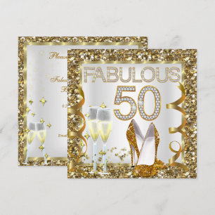 Convites Fabuloso 50 Brilho Branco Dourado Festa de Anivers