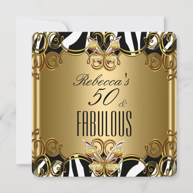 Convites Fabuloso 50 Bronze Dourado Preto Branco Zebra (Frente)