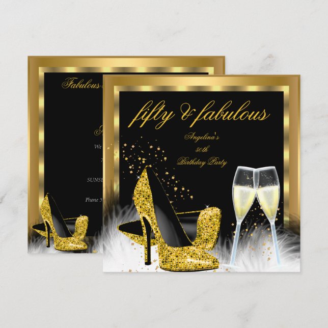 Convites Fabuloso 50 Champagne Dourado High Heels Aniversár (Frente/Verso)