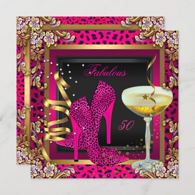 Convites Fabuloso 50 Cherry Pink Leopard Aniversário (Frente/Verso)