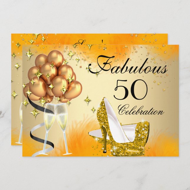 Convites Fabuloso 50 Creme Amarelo Dourado Aniversário (Frente/Verso)