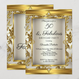 Convites Fabuloso 50 Creme Dourado Damask Festa de Aniversá