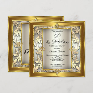 Convites Fabuloso 50 Creme Ouro floral Damasco Aniversário