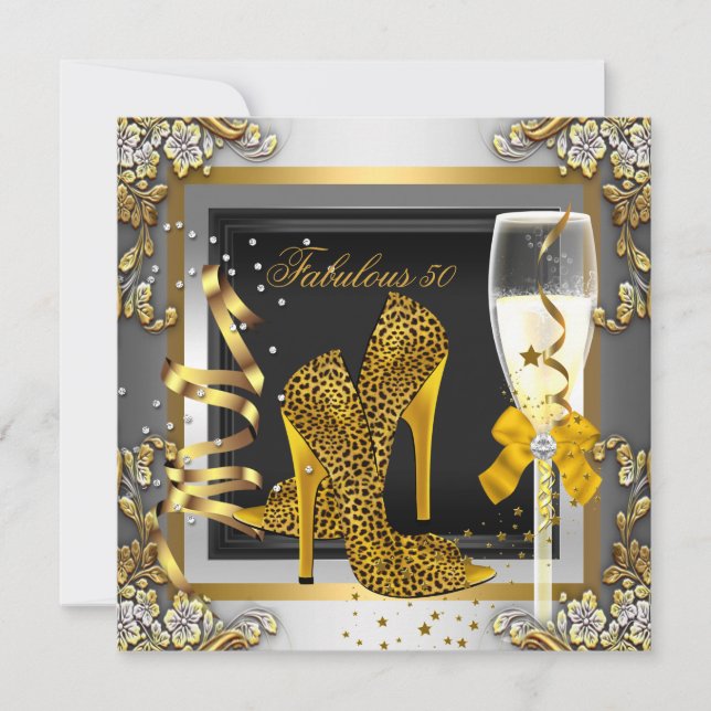 Convites Fabuloso 50 Dourado Leopardo Prata Champanhe Anive (Frente)