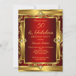 Convites Fabuloso 50 Dourado Vermelho Damasko Festa de Aniv