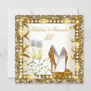 Convites Fabuloso 50 & Fantástico Creme Dourado Glam Aniver