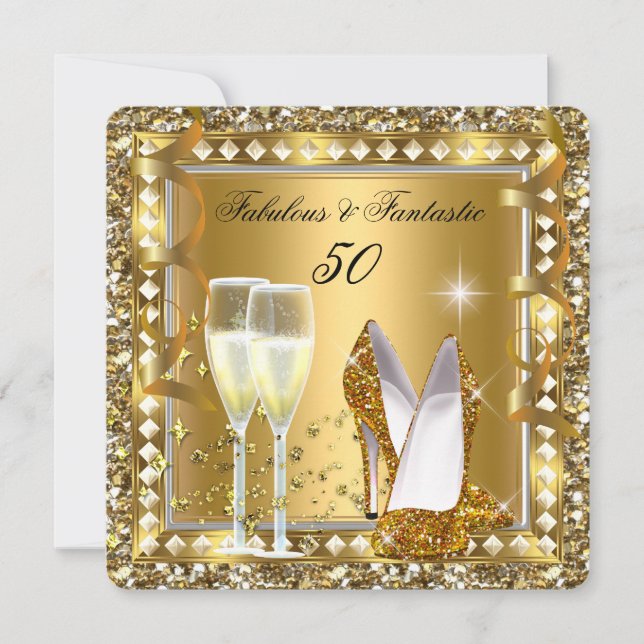 Convites Fabuloso 50 & Fantástico Glam Dourado Prata Aniver (Frente)