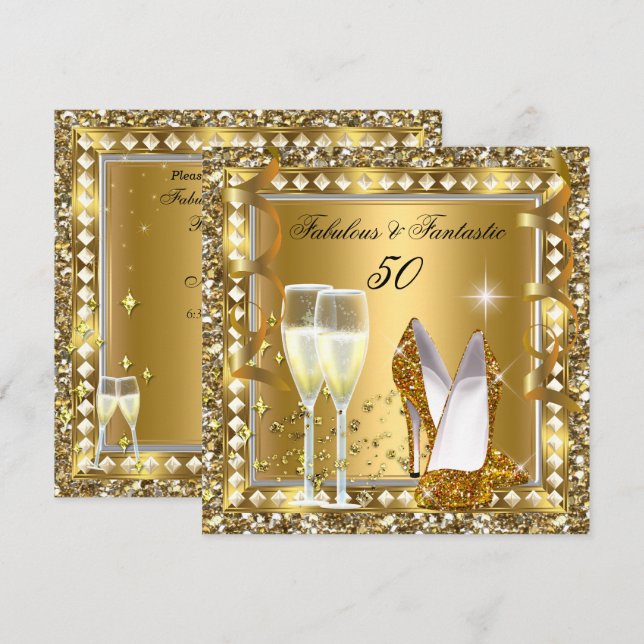 Convites Fabuloso 50 & Fantástico Glam Dourado Prata Aniver (Frente/Verso)