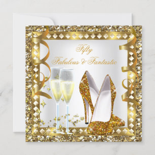 Convites Fabuloso 50 & Fantástico Glamour Dourado Branco de