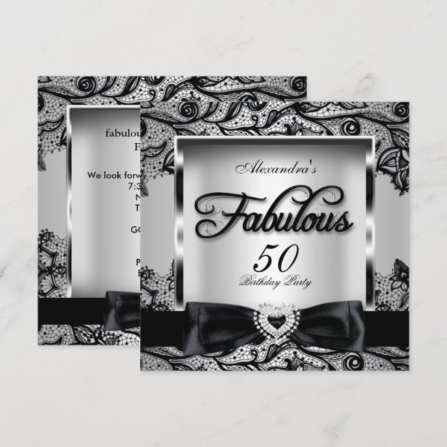 Convites Fabuloso 50 Festa Cinza Prata Damasco Preto Renda  (Frente/Verso)