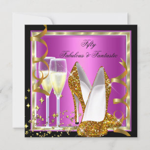 Convites Fabuloso 50 Festa Dourada Branca Preta, Rosa Fantá
