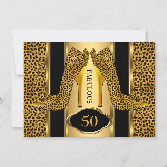 Convites Fabuloso 50 Festa Dourada Leopard Cheetah High Hee (Frente)