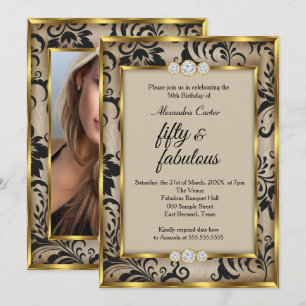 Convites Fabuloso 50 Foto Bege Preto Damasco Dourado aniver
